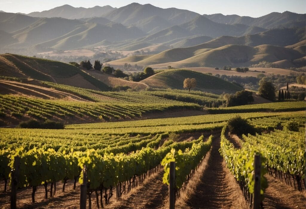 An enchanting vineyard field nestled within the breathtaking Casablanca Valley Wine Region, framed by majestic mountains in the background.