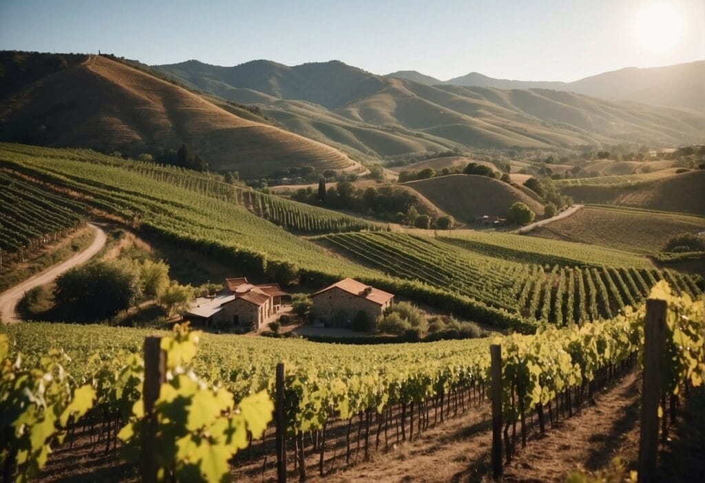 A vineyard in the picturesque Casablanca Valley Wine Region, nestled among mountains in the background.