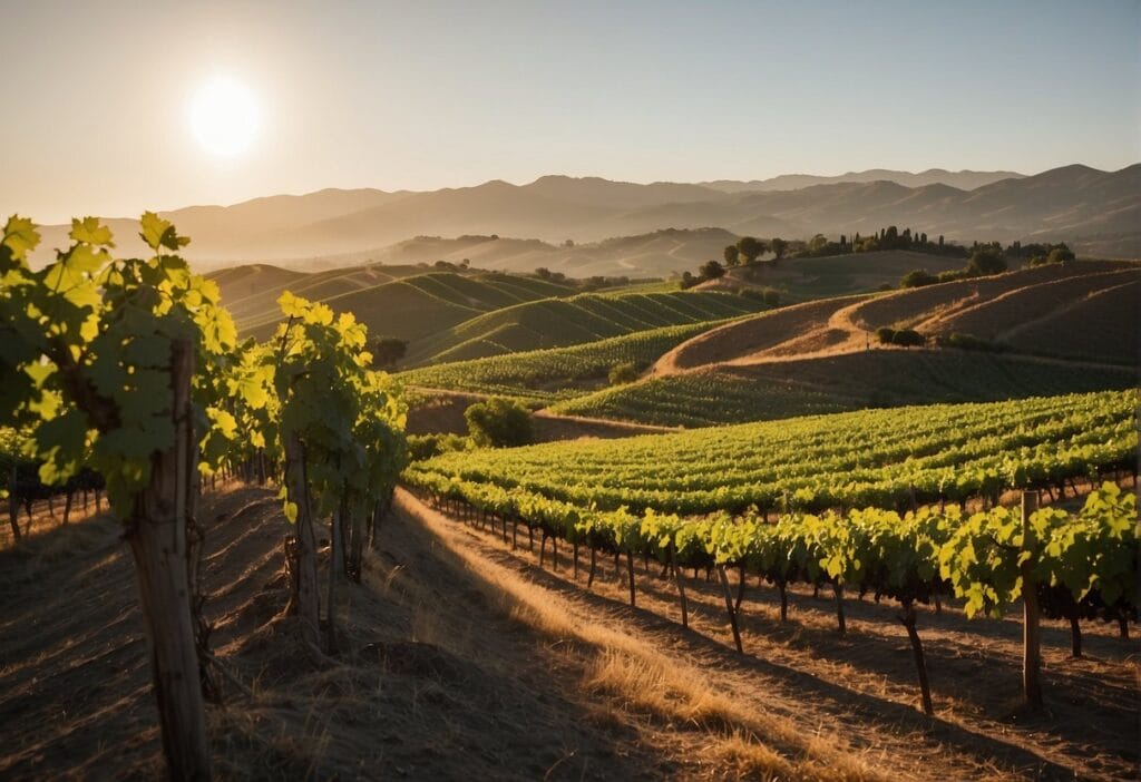 A breathtaking vineyard in the Casablanca Valley Wine Region at sunset.