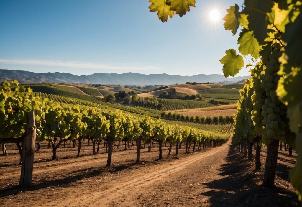 A vineyard in the Casablanca Valley Wine Region with mountains in the background.