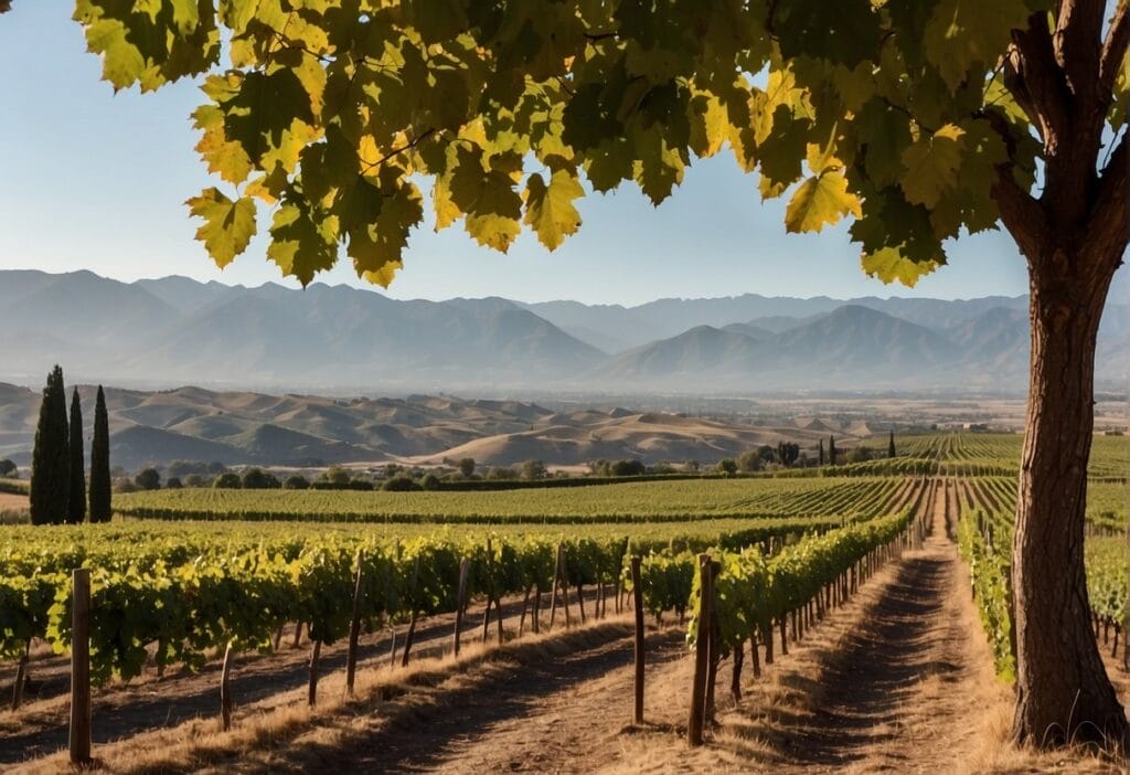 A vineyard set against the majestic backdrop of mountains, located in the Casablanca Valley Wine Region.