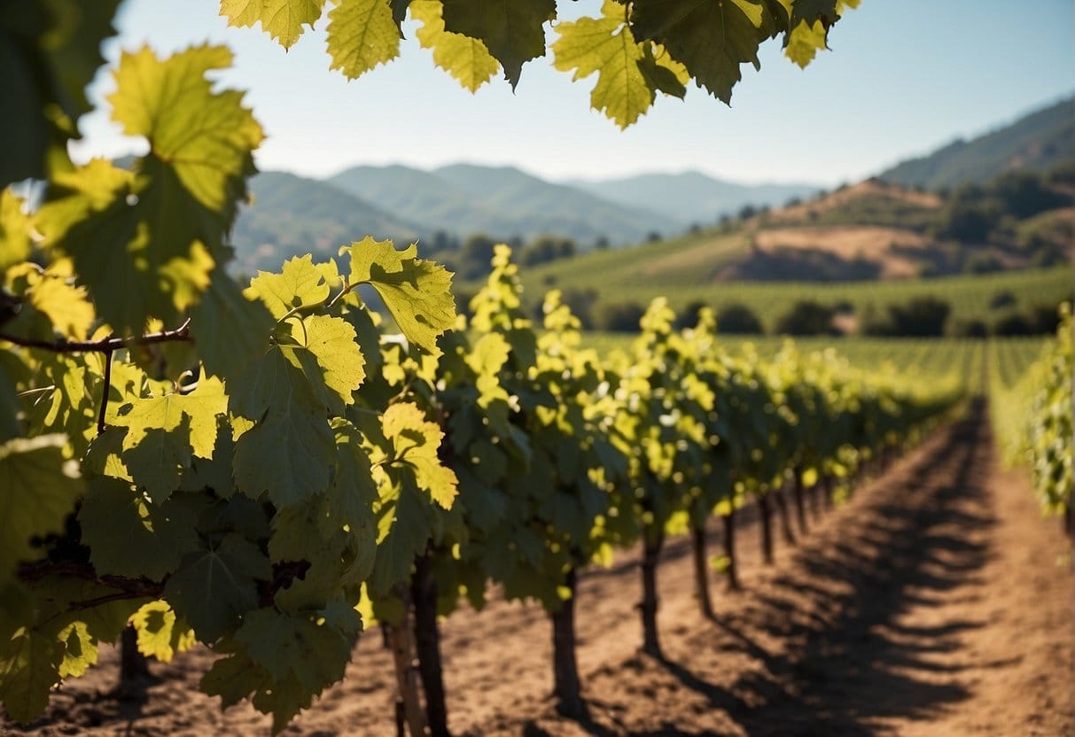 A picturesque vineyard nestled in the Colchagua Valley Wine Region of California, with majestic mountains providing a stunning backdrop.