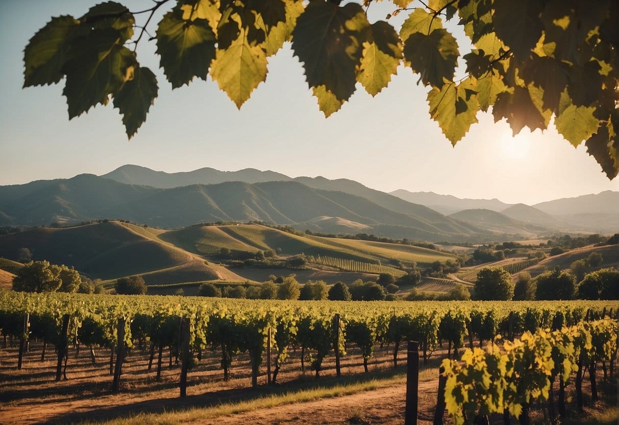 A picturesque vineyard field nestled in the Colchagua Valley Wine Region, with majestic mountains forming a stunning backdrop.