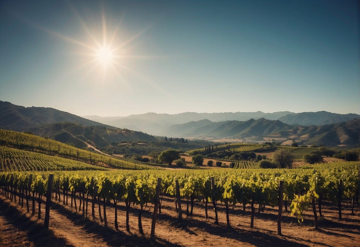 The sun shines over a vineyard field in the Colchagua Valley Wine Region in California.