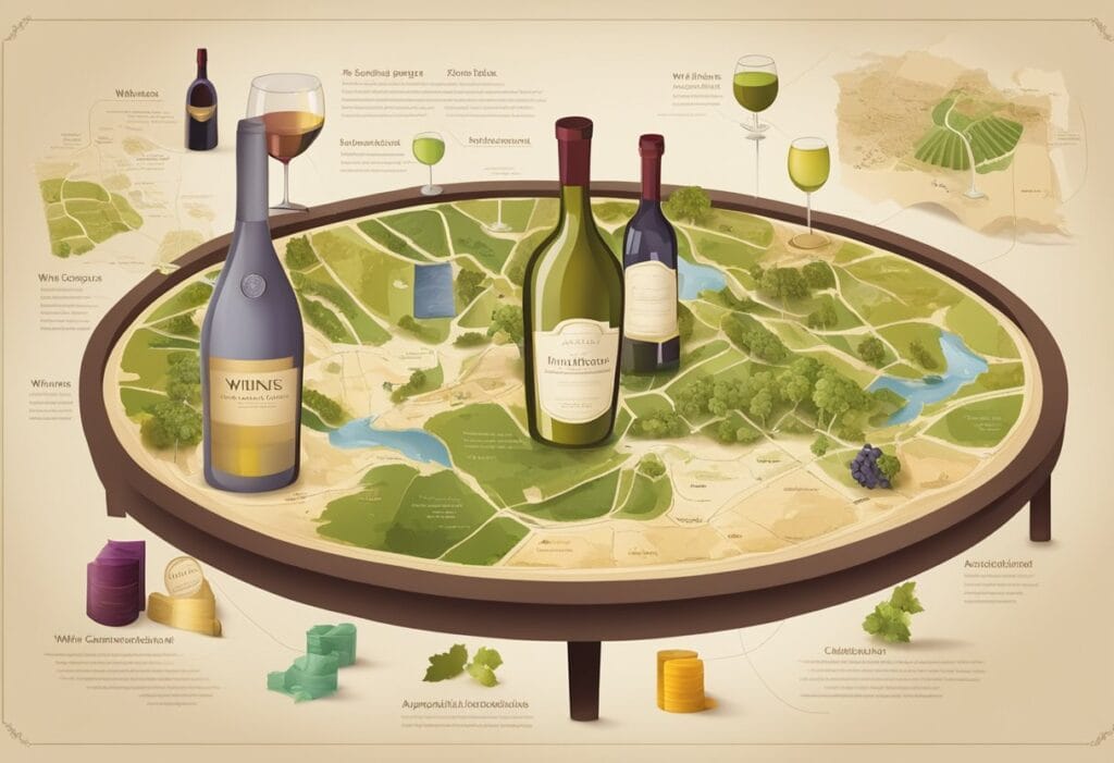 A map of a wine region with wine bottles and glasses.