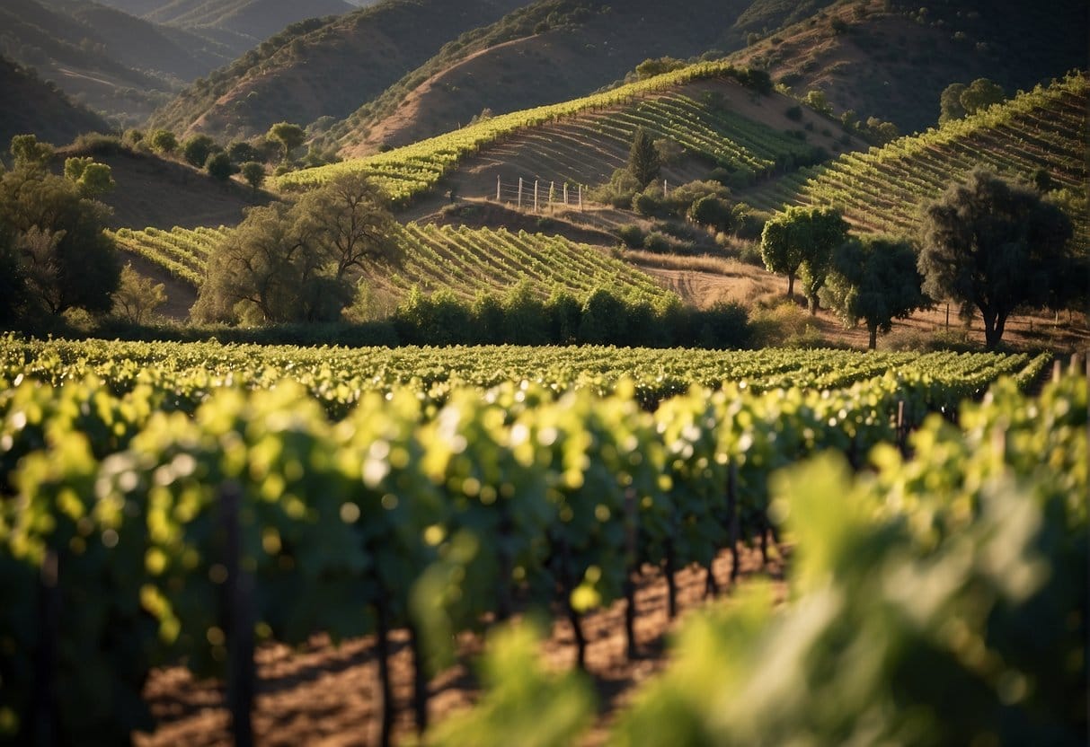 A vineyard in the Colchagua Valley Wine Region with mountains in the background.