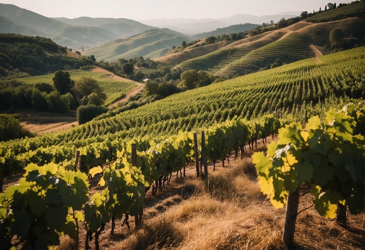 A vineyard in the picturesque Colchagua Valley Wine Region, nestled amidst hilly terrain and framed by majestic mountains in the background.