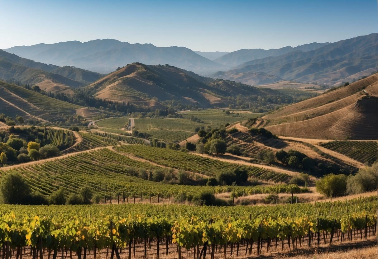 A Colchagua Valley vineyard with mountains in the background.