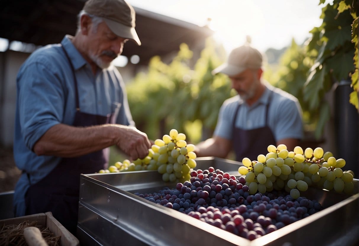 Two men picking grapes in the Cachapoal Valley Wine Region vineyard.