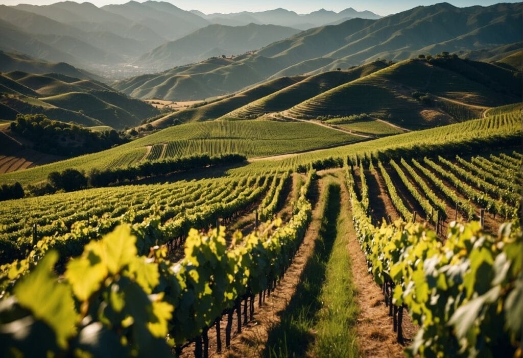 A vineyard field with mountains in the background.