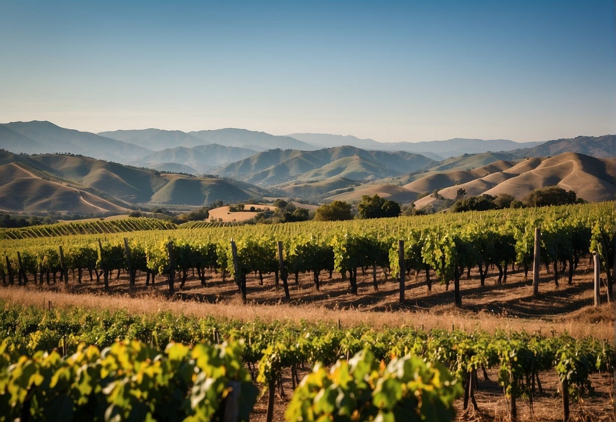 A vineyard with mountains in the background.