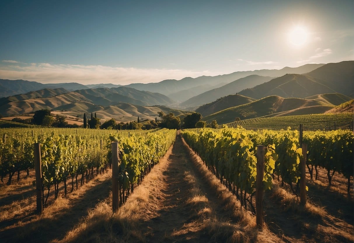 A vineyard field in the Cachapoal Valley Wine Region with mountains in the background.