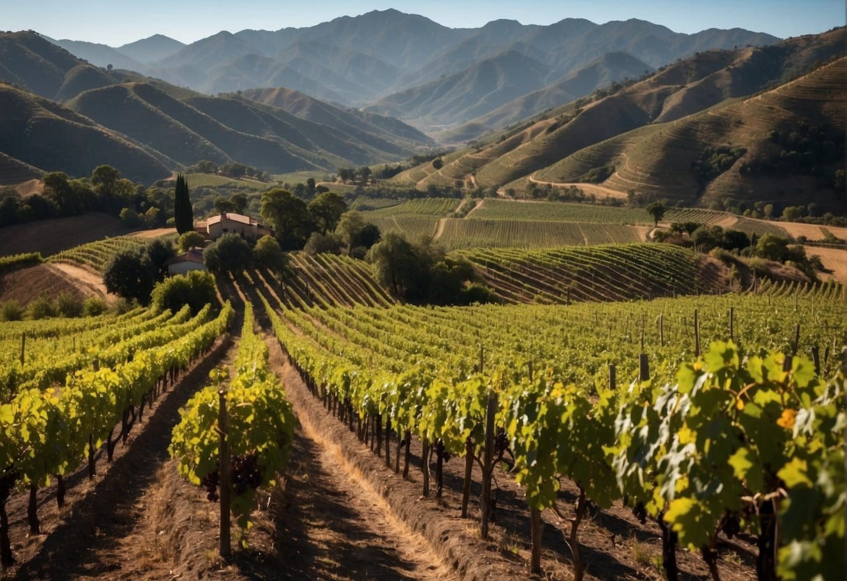 A vineyard in California's Cachapoal Valley Wine Region with mountains in the background.