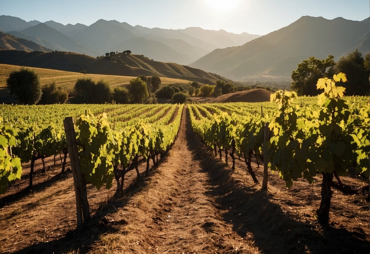 A vineyard field with mountains in the background.