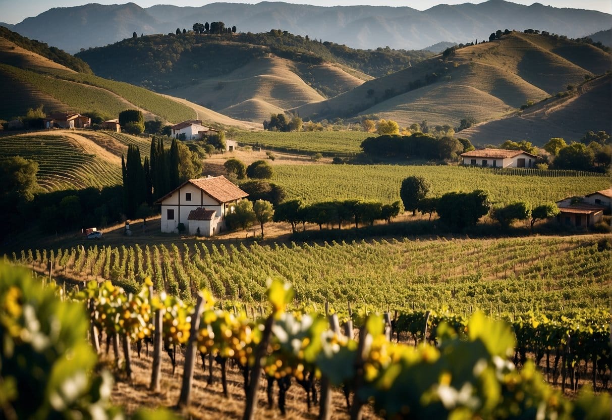 A vineyard in the hills with a house in the background.