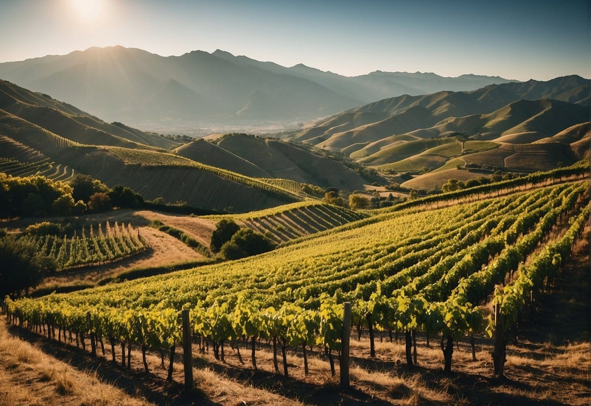 A vineyard field with mountains in the background.