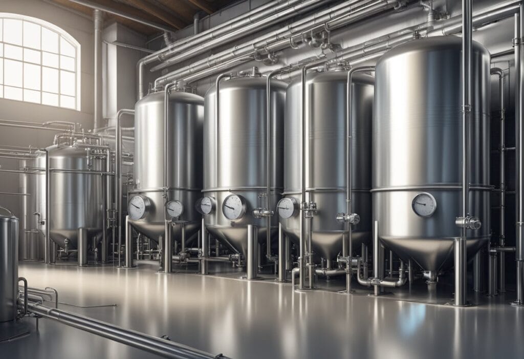 3D rendering of a brewery with stainless steel fermentation tanks.