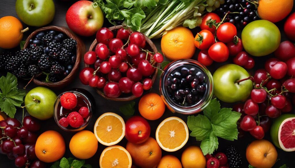 A variety of fruits and vegetables are arranged in bowls.