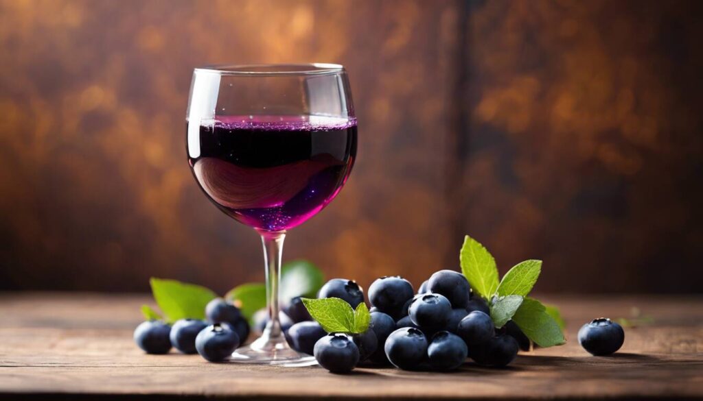 A glass of blueberry wine on a wooden table.