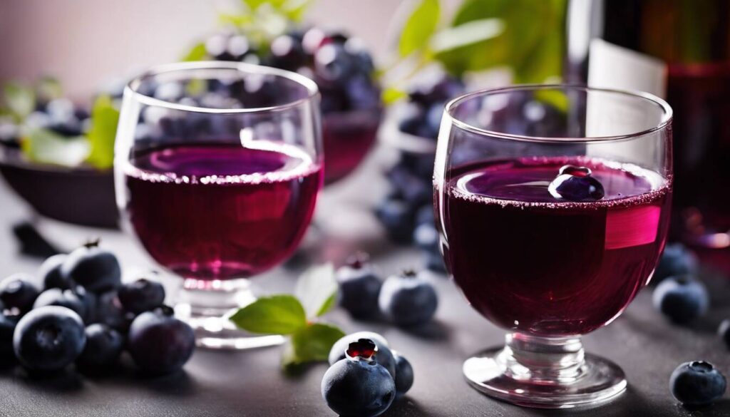 A glass of blueberry juice and a bottle of wine.