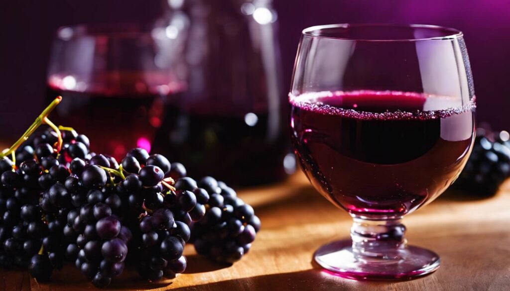 A glass of red wine next to a bunch of grapes.