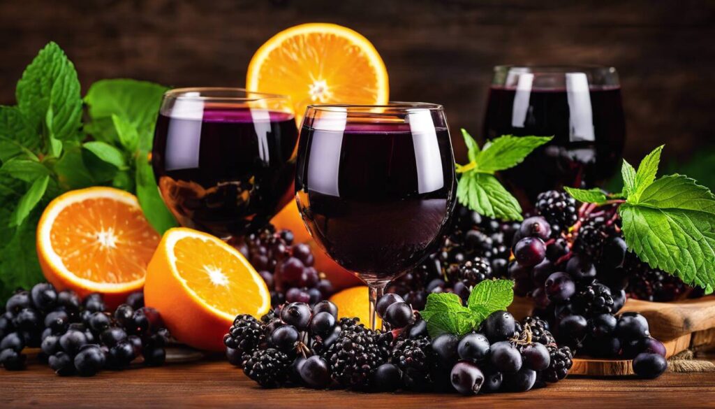 A glass of wine with blackberries and oranges on a wooden table.