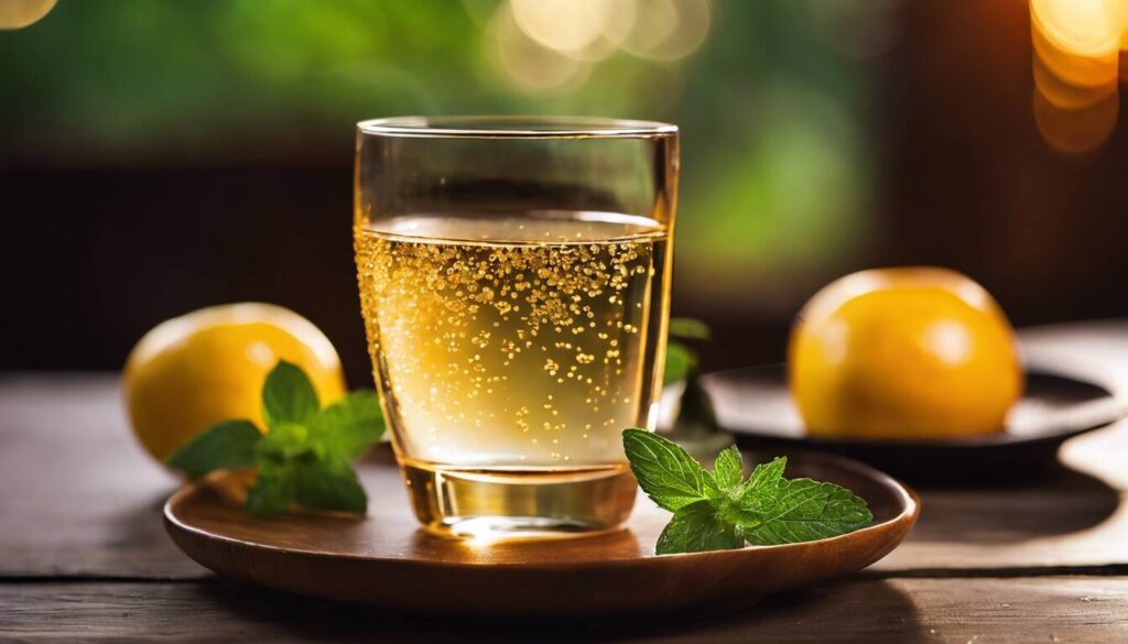 A glass of wine with mint leaves on a wooden plate.