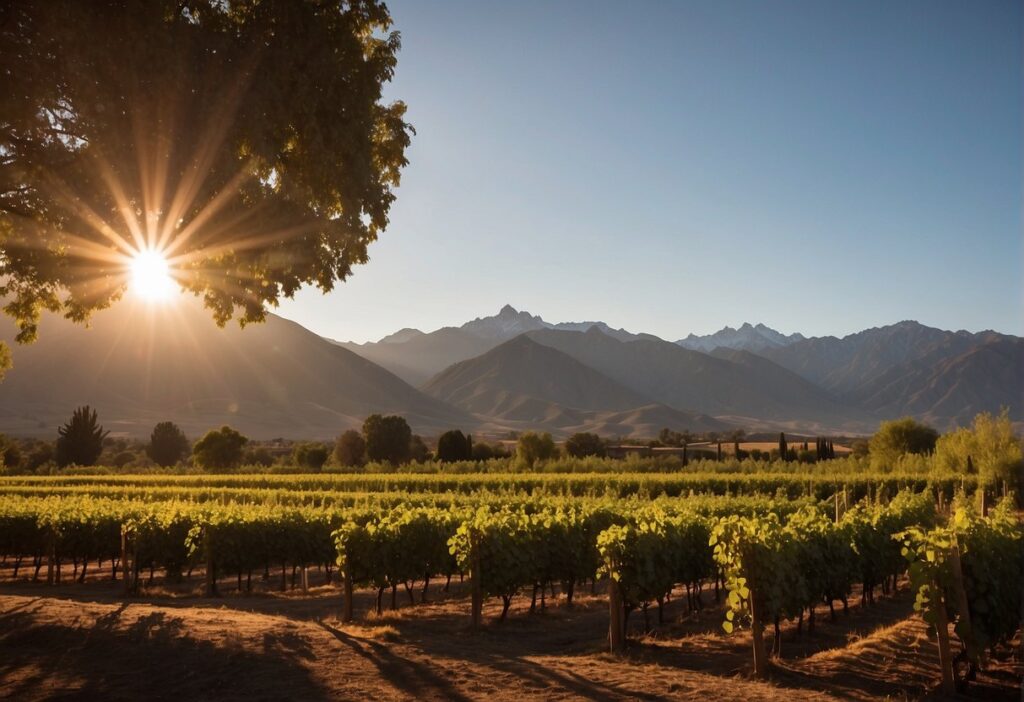 The sun rises over a vineyard with mountains in the background.