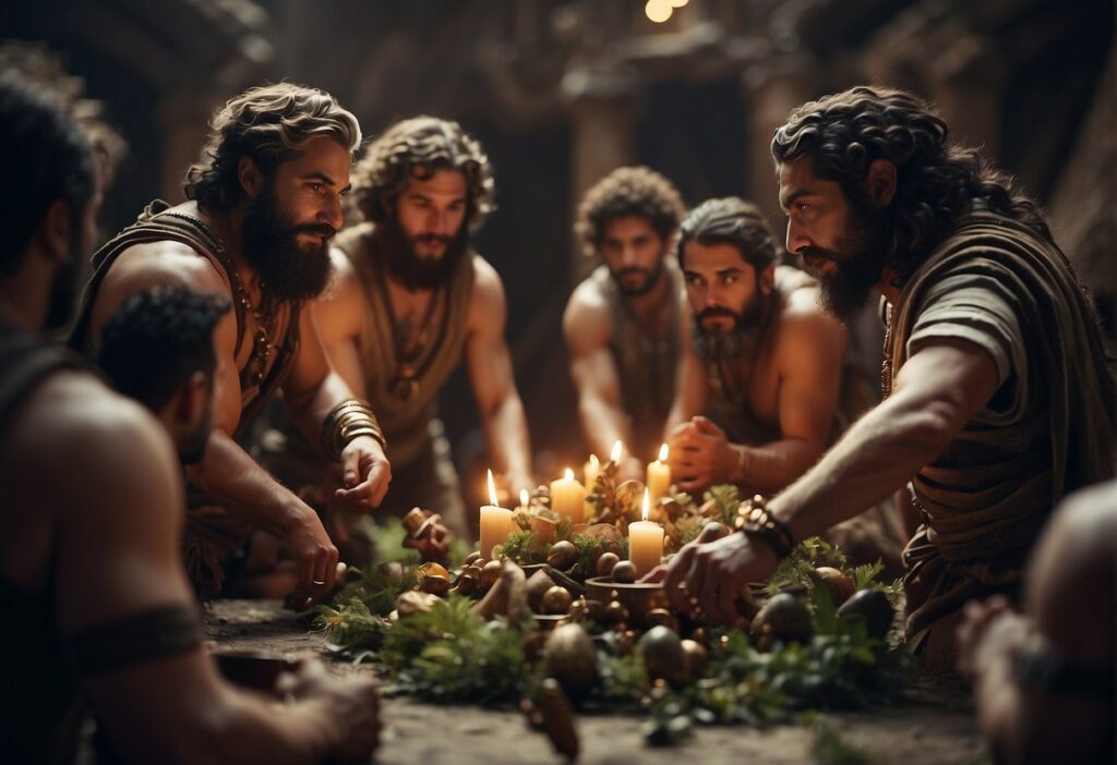 A group of men sitting around a table with candles.