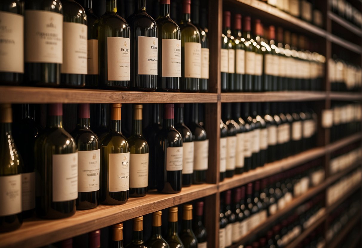 A shelf lined with various wine bottles, some with elegant labels and others with handwritten tags, creating a diverse collection for beginners