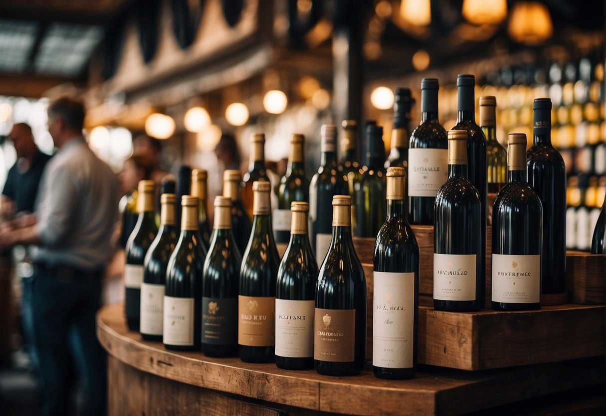 A bustling market with diverse wine bottles on display, customers browsing and engaging in trade. Signs and banners indicating wine collecting for beginners