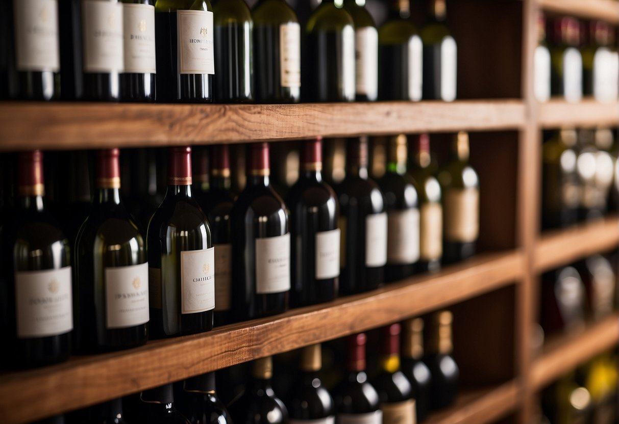 A hand reaches out to carefully place a bottle of wine into a wooden wine rack, surrounded by shelves filled with various bottles of wine