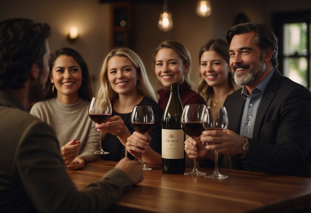 A group of wine enthusiasts gather in a cozy setting, exchanging knowledge and tips on wine collecting. Bottles of various vintages are displayed, and the atmosphere is one of camaraderie and excitement