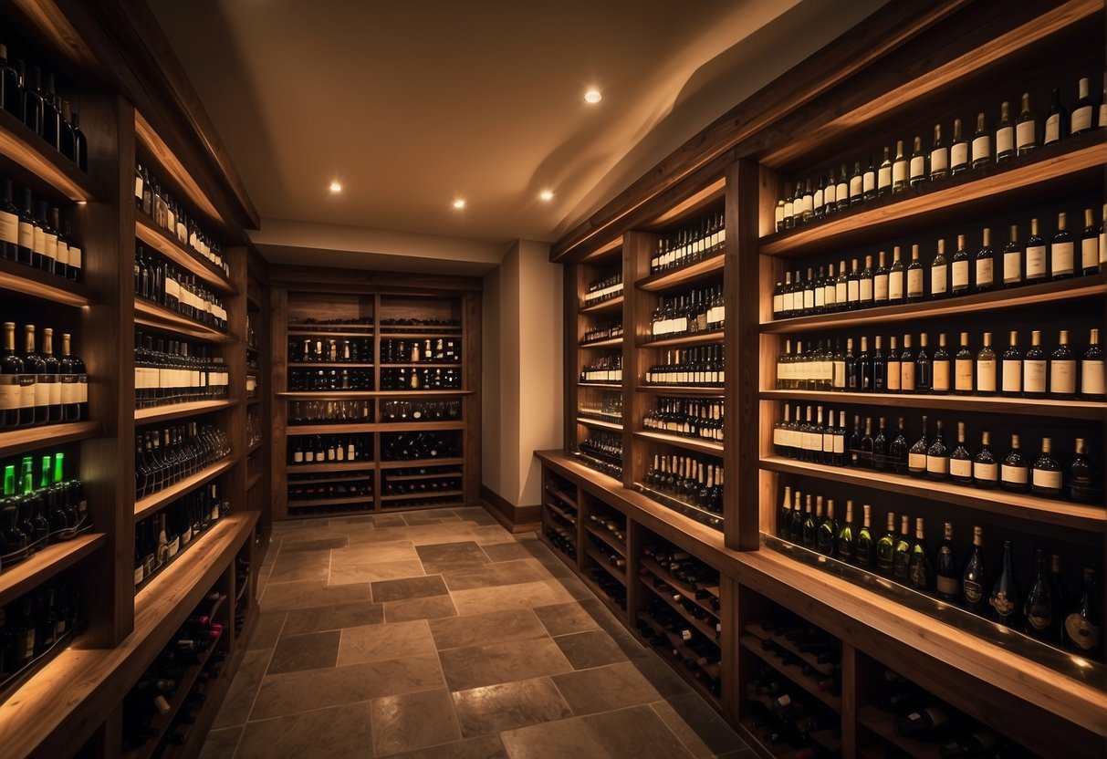 A wine cellar with neatly organized shelves displaying various wine bottles of different shapes, sizes, and labels