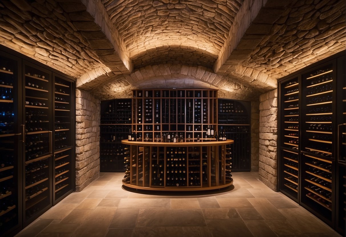 A wine cellar filled with neatly organized wine bottles of various shapes, sizes, and colors, creating a visually appealing collection