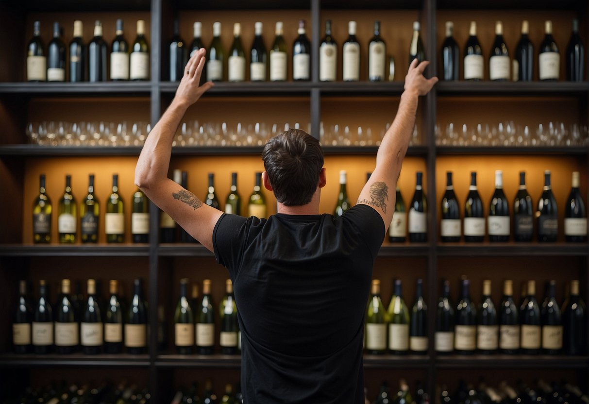 Wine bottles arranged on shelves, with a person's hand reaching for one