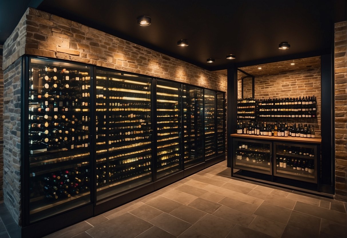 A modern wine cellar with rows of labeled bottles and a climate-controlled system