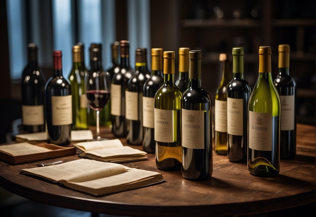 A table with various wine bottles, some old and dusty, others new and sleek. A wine expert examines the labels, jotting down notes and carefully inspecting each bottle's condition