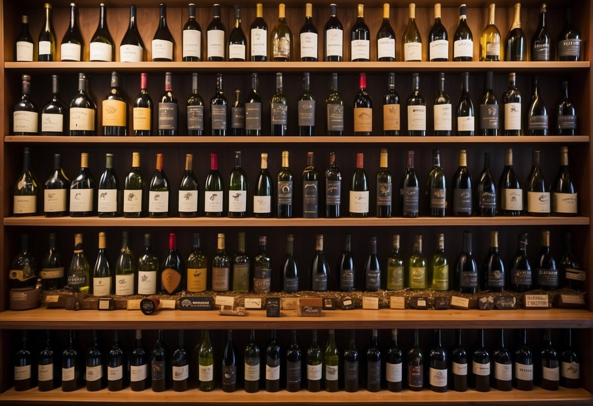 A collection of wine bottles from key regions and varietals displayed on a wooden wine rack, with labels showcasing the diverse range of vintages and origins