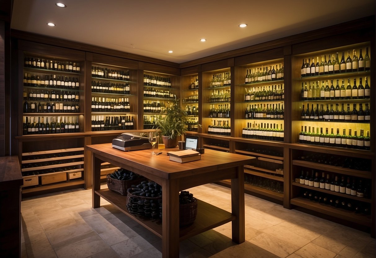 A well-lit room with shelves lined with various wine bottles, each labeled with different vintages and regions. A table in the center holds open books and paperwork, indicating the process of documenting and insuring the collection