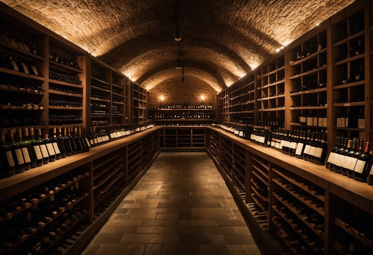 A dimly lit cellar with rows of wine racks, each holding bottles of aged and rare wines. The room exudes a sense of elegance and sophistication, with the soft glow of the bottles creating a warm and inviting atmosphere