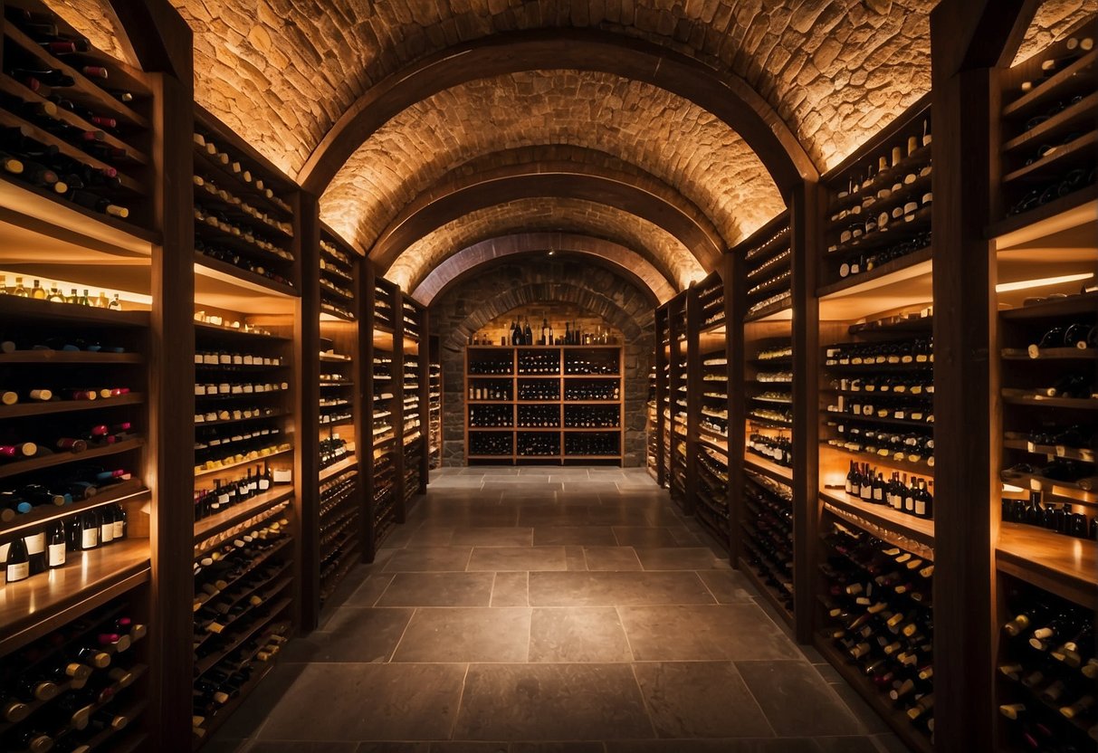 A wine cellar with rows of carefully organized and labeled bottles, each displaying unique colors and shapes, creating an impressive and valuable collection