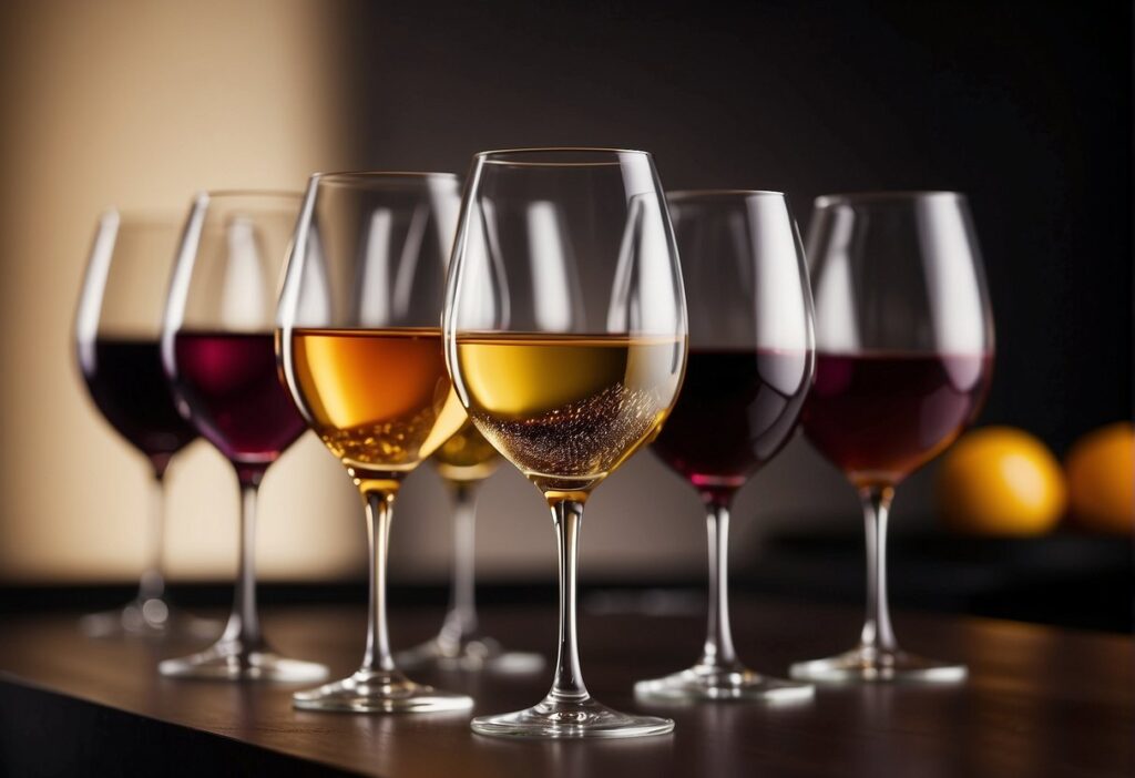 A group of wine glasses lined up on a table.