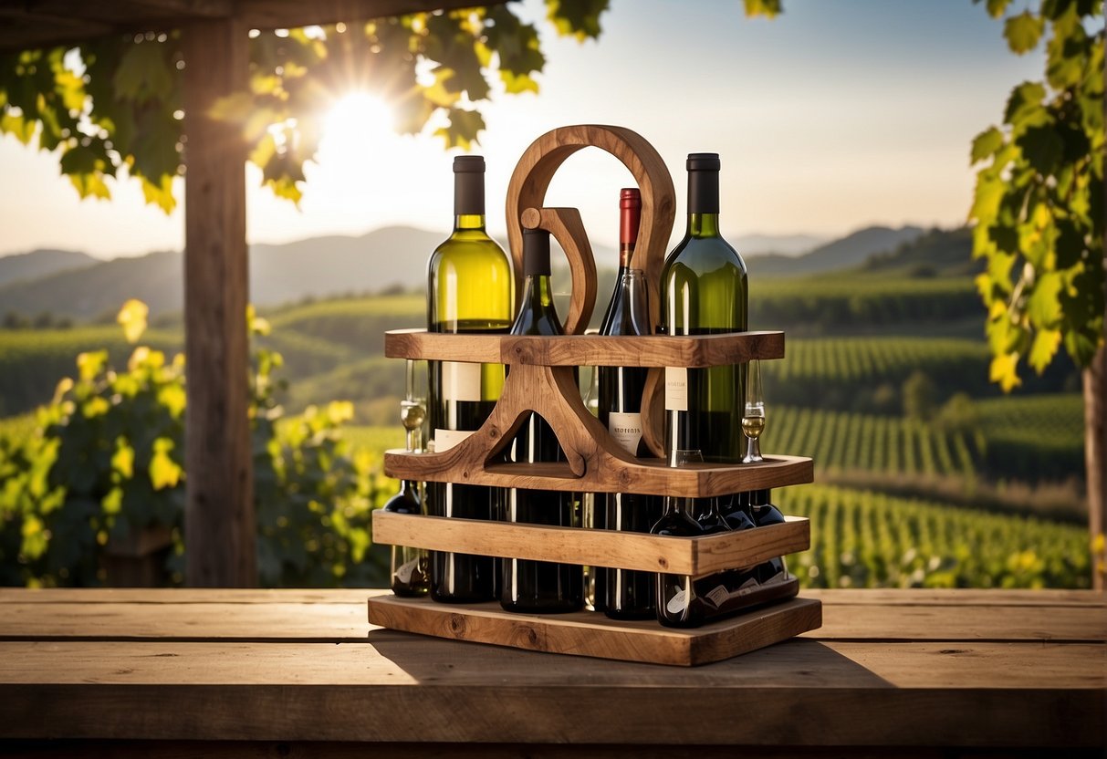 A rustic wooden wine rack filled with assorted bottles. A corkscrew, wine glasses, and a decanter sit nearby. A vineyard landscape adorns the background