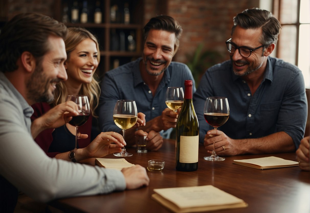 A table with wine bottles, glasses, and educational materials. A group of people engaged in conversation and laughter while learning about wine collecting