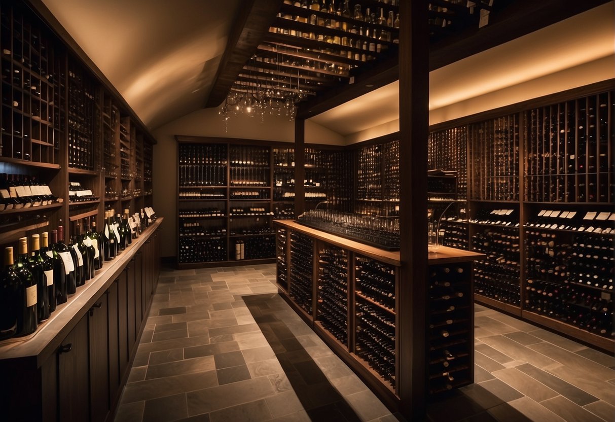 A wine cellar filled with rare bottles, organized by region and vintage, with a sommelier tasting notes displayed on each shelf