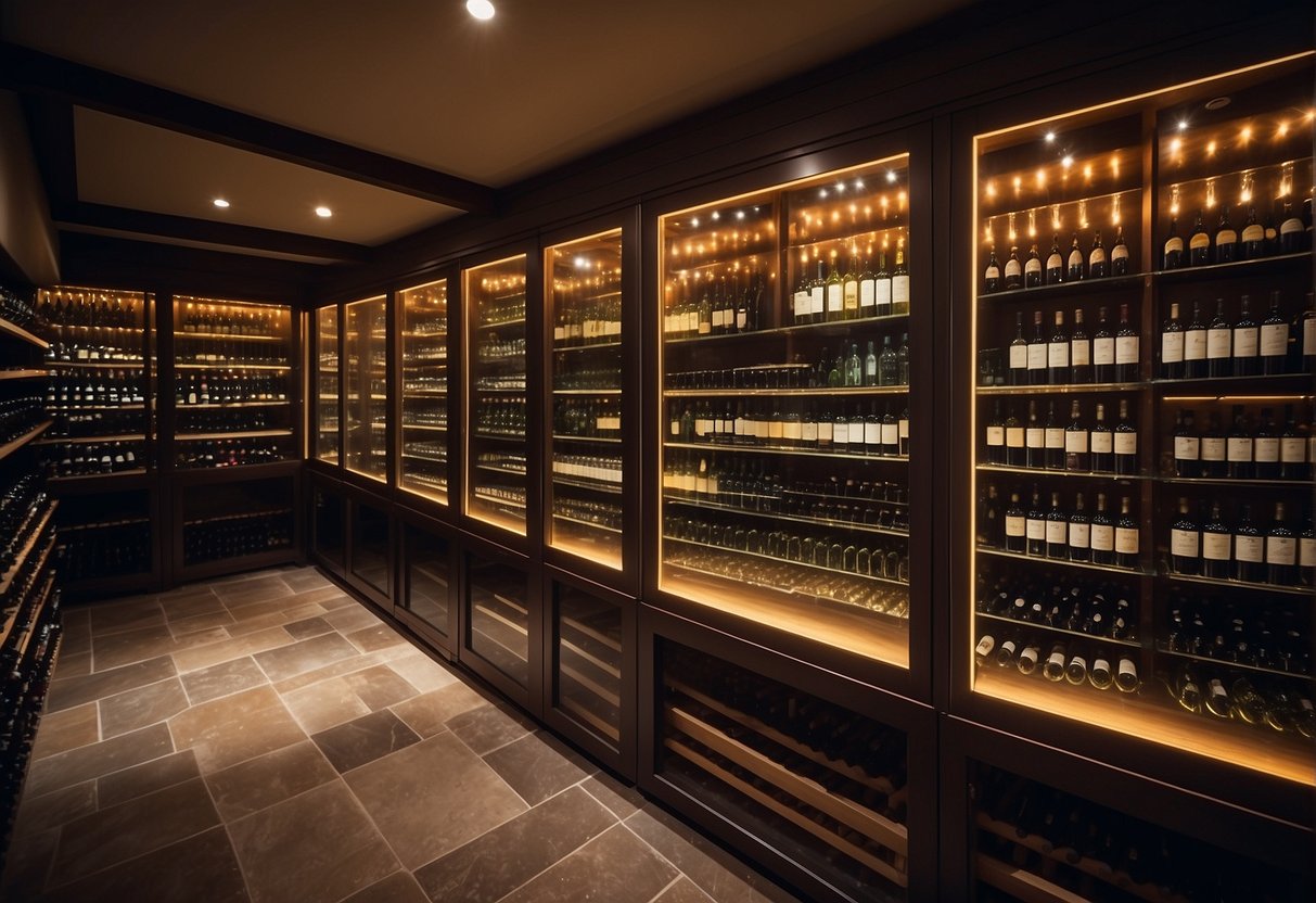A well-organized wine cellar with neatly labeled shelves and rows of carefully arranged wine bottles. Temperature control and proper lighting enhance the display