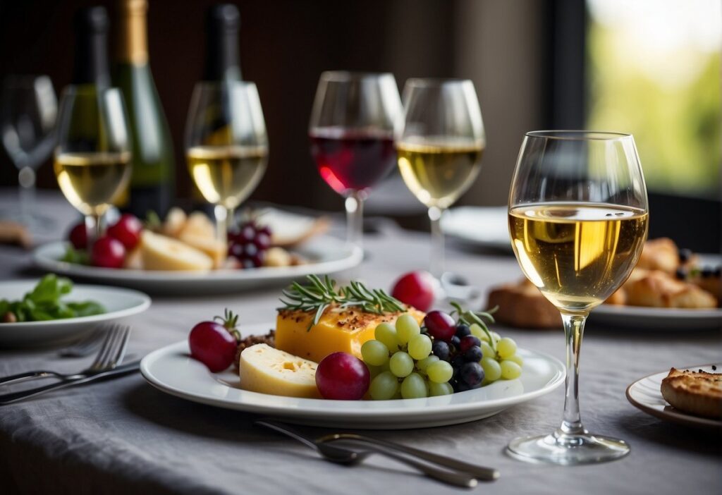 A table with wine glasses, cheese, fruit and grapes.