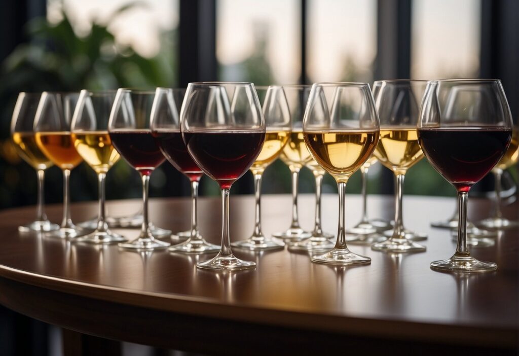 A group of wine glasses lined up on a table.