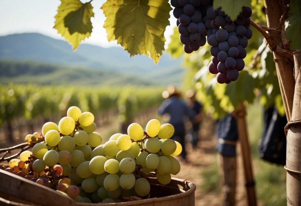 Grapes in a basket in a vineyard.